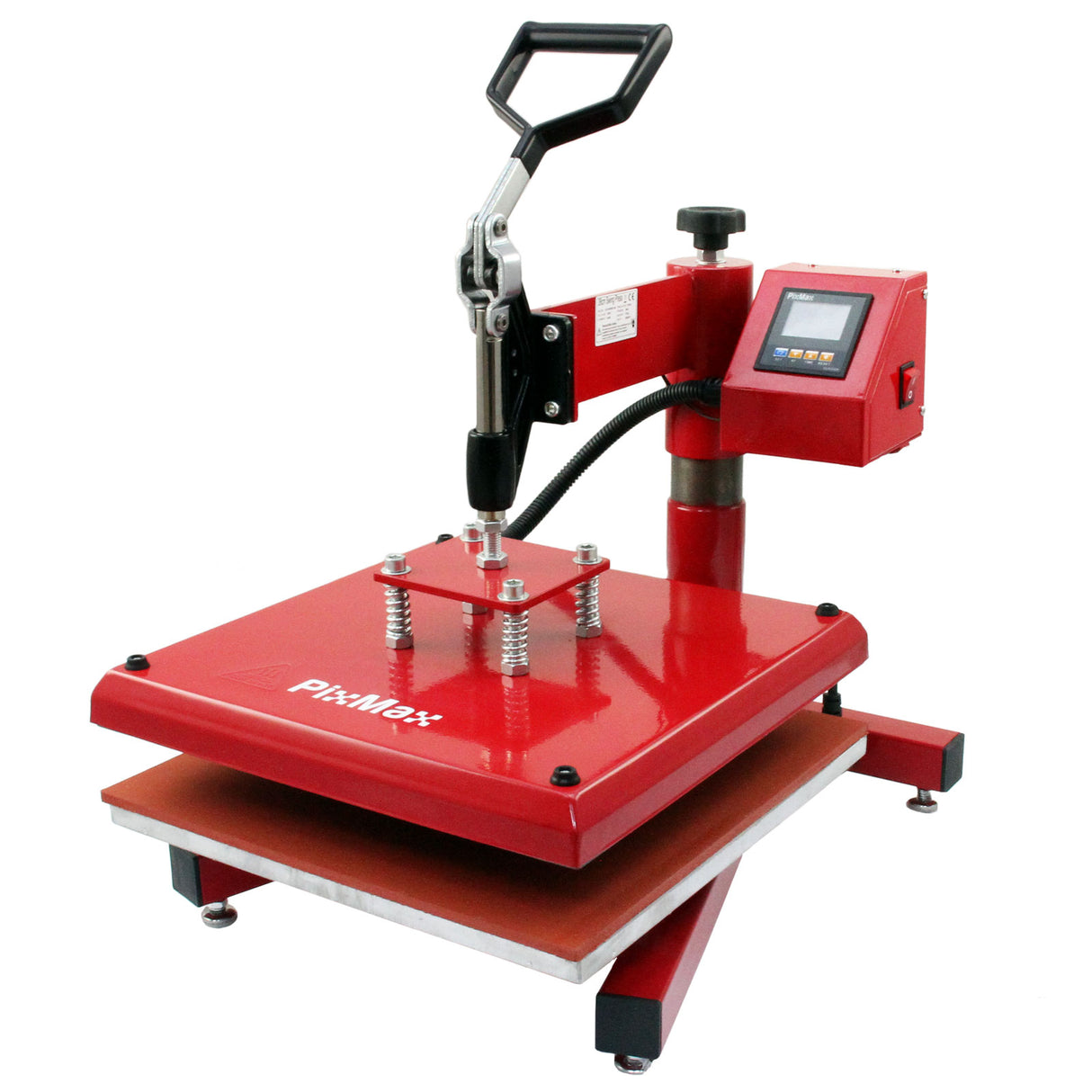 Pressa a caldo rossa per magliette con manico ergonomico, piano di lavoro in legno, display digitale e base stabile in metallo