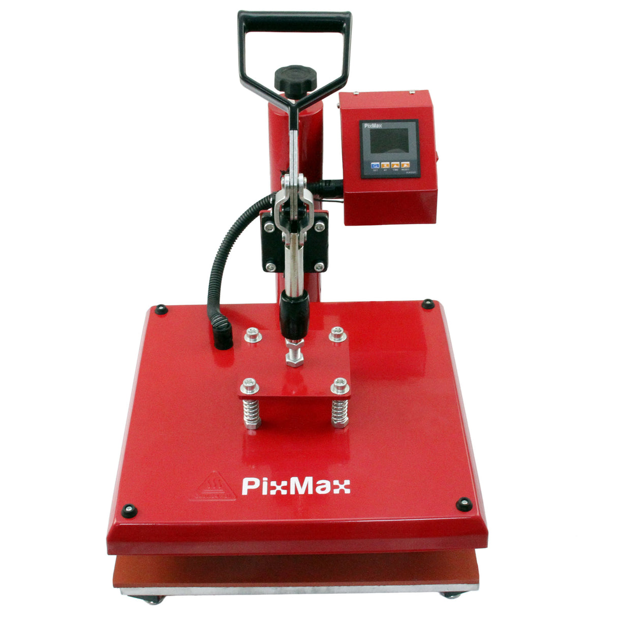 Pressa a caldo rossa per magliette con manico ergonomico, display digitale e base robusta, ideale per personalizzazione tessuti