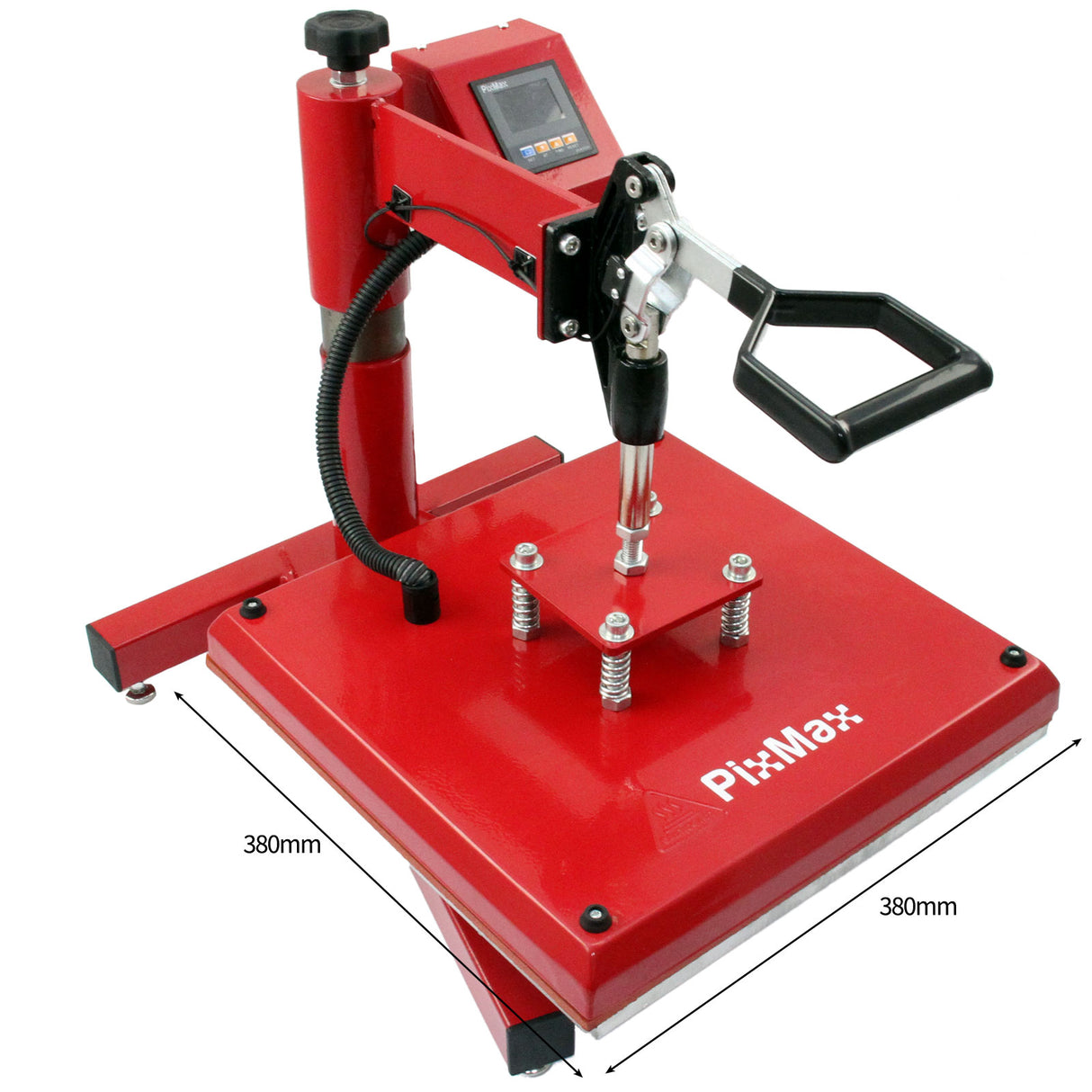 Pressa a caldo rossa per magliette con base quadrata, manico ergonomico e display digitale, ideale per personalizzazione tessuti