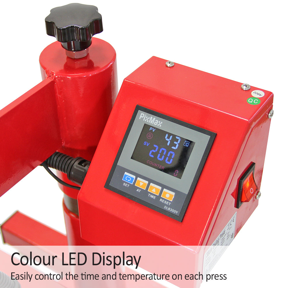 Display LED colorato della pressa a caldo, con manopola nera e pulsanti per controllare tempo e temperatura di stampa