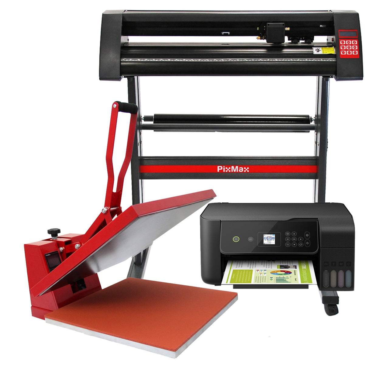 Pressa a caldo rossa per magliette, plotter da taglio vinile nero e stampante multifunzione, ideale per personalizzazione tessuti