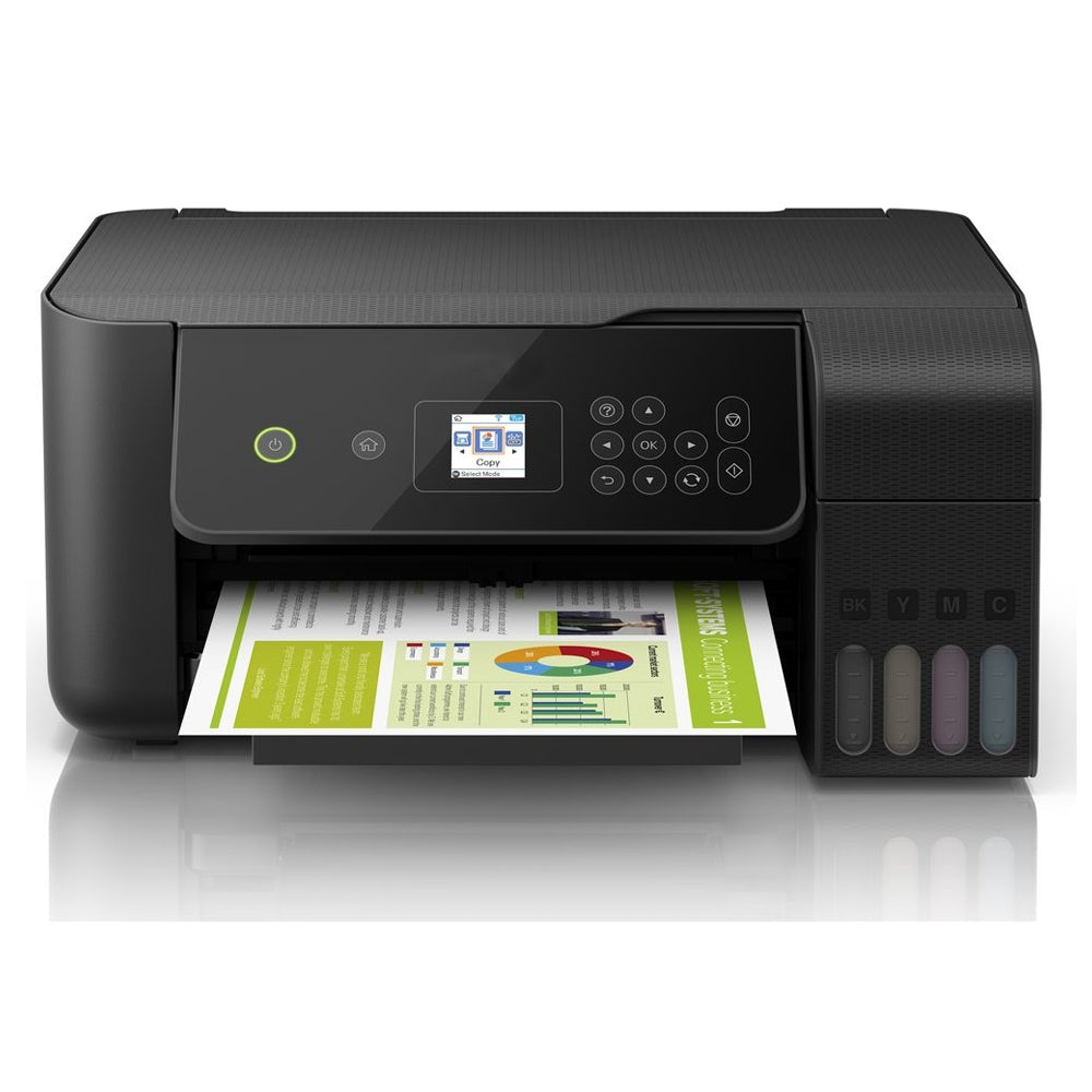 Stampante multifunzione nera con display, in grado di stampare su vinile, con cartucce colorate e design compatto e moderno