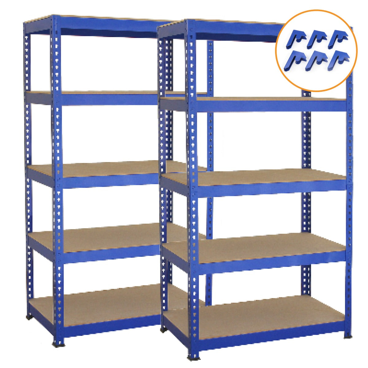 Scaffale da garage blu in metallo, 75cm x 30cm, composto da 2 pezzi con ripiani in truciolato e connettori inclusi