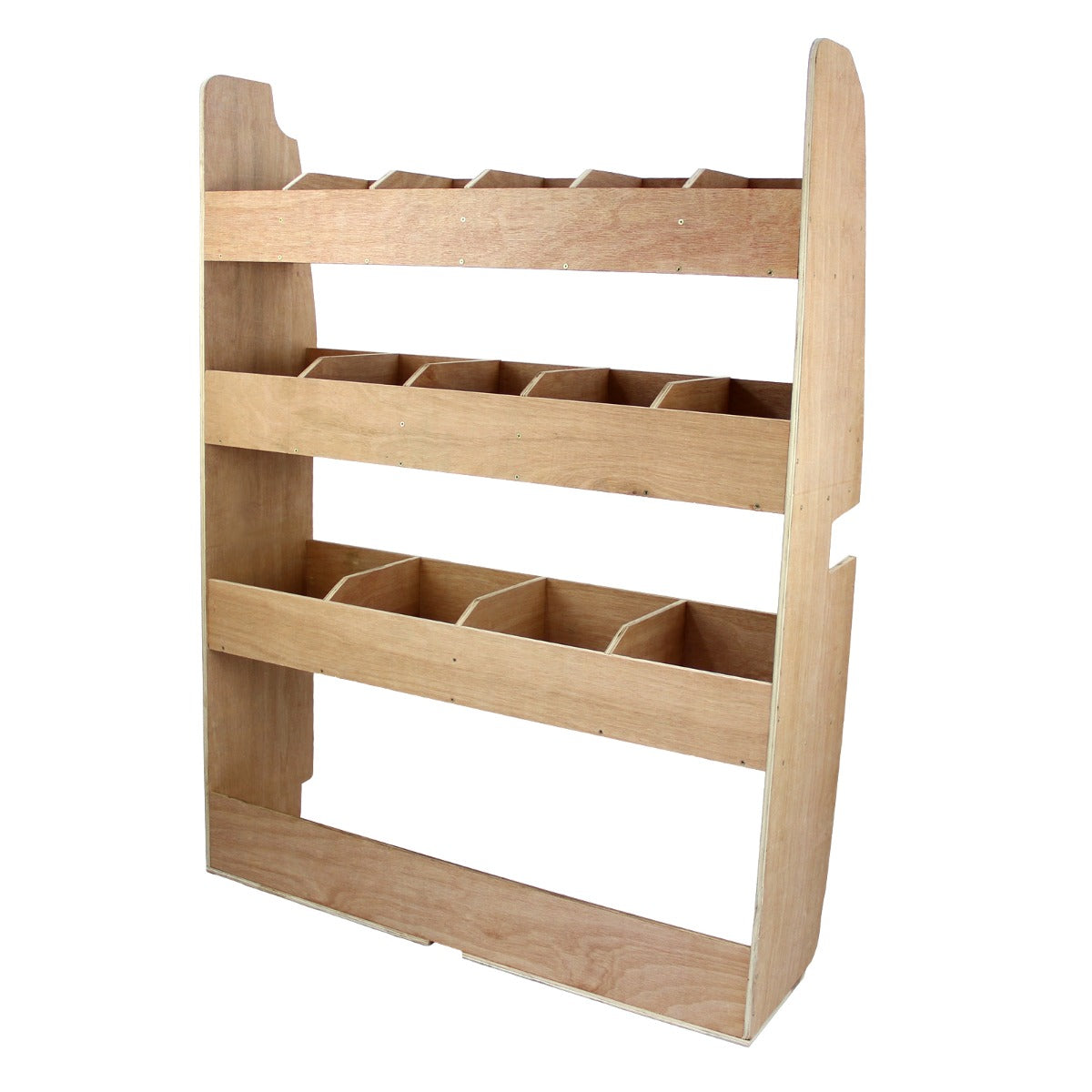 Scaffale in legno chiaro per furgone Ford Transit, con ripiani e scomparti per organizzare attrezzature e materiali
