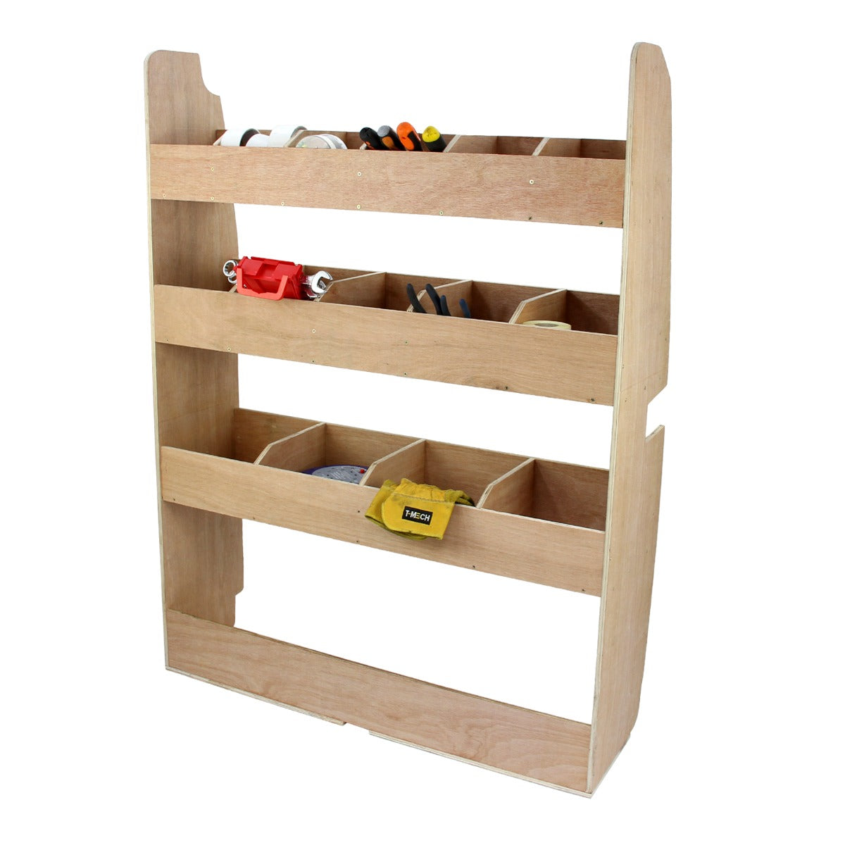 Scaffale in legno chiaro per furgone Ford Transit, con quattro ripiani e scomparti per attrezzi, design funzionale e robusto