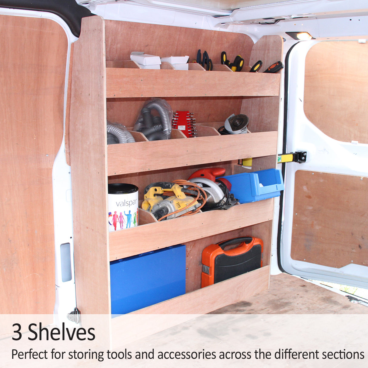 Scaffalatura in legno per furgone Ford Transit Custom, con tre ripiani per riporre attrezzi e accessori in modo ordinato