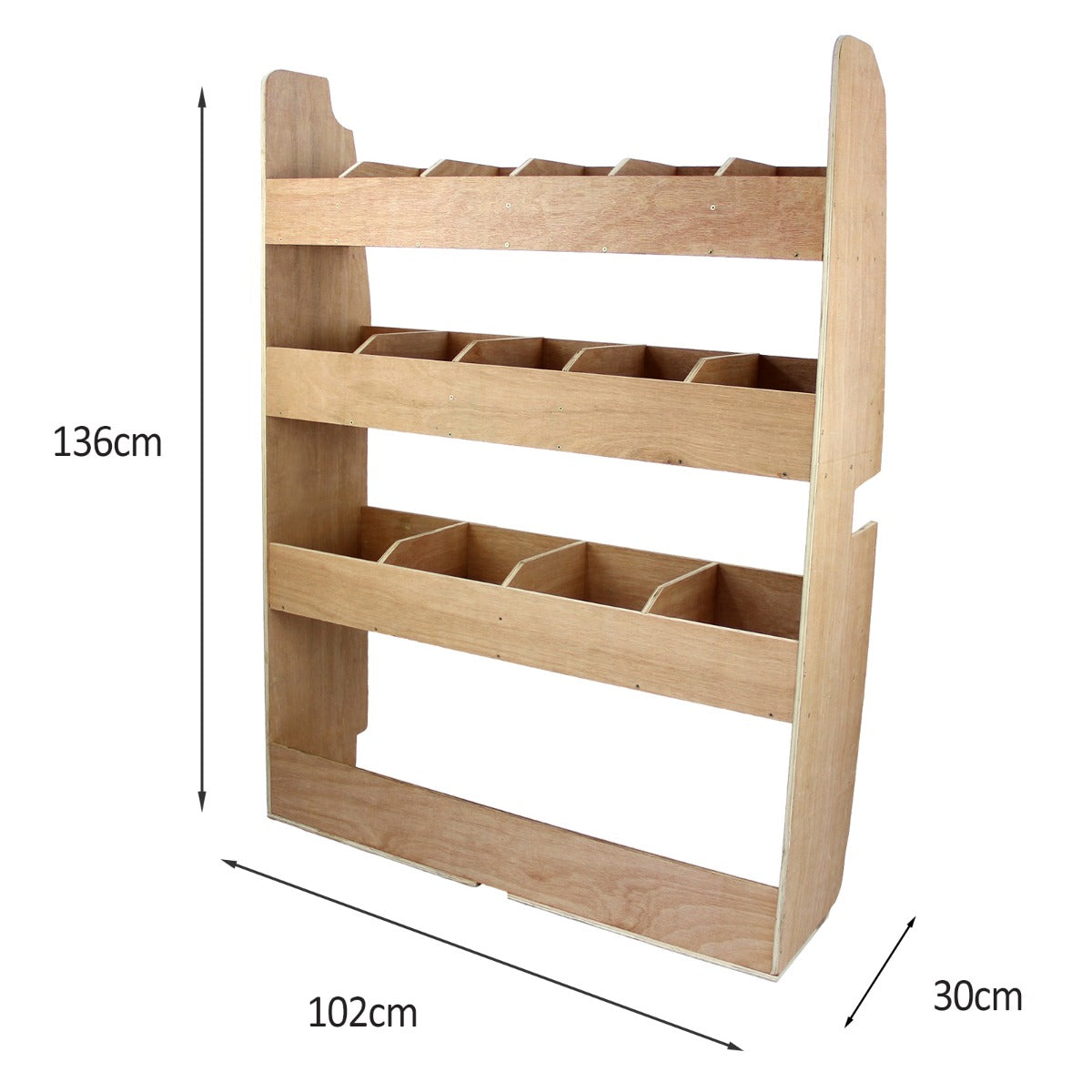 Scaffale in legno chiaro per furgone Ford Transit, con tre ripiani e dieci scomparti, misura 136cm di altezza e 102cm di larghezza