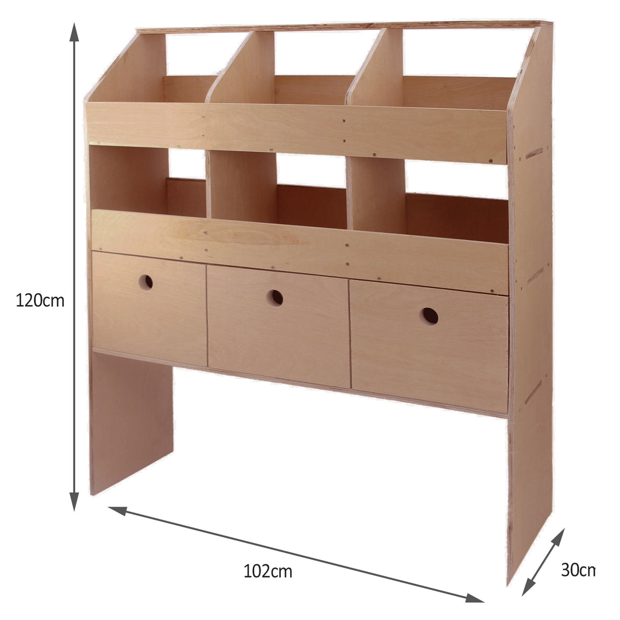 Scaffalatura universale in compensato, con tre scomparti e tre cassetti, finitura liscia e dimensioni 120x102x30 cm, ideale per furgoni e van