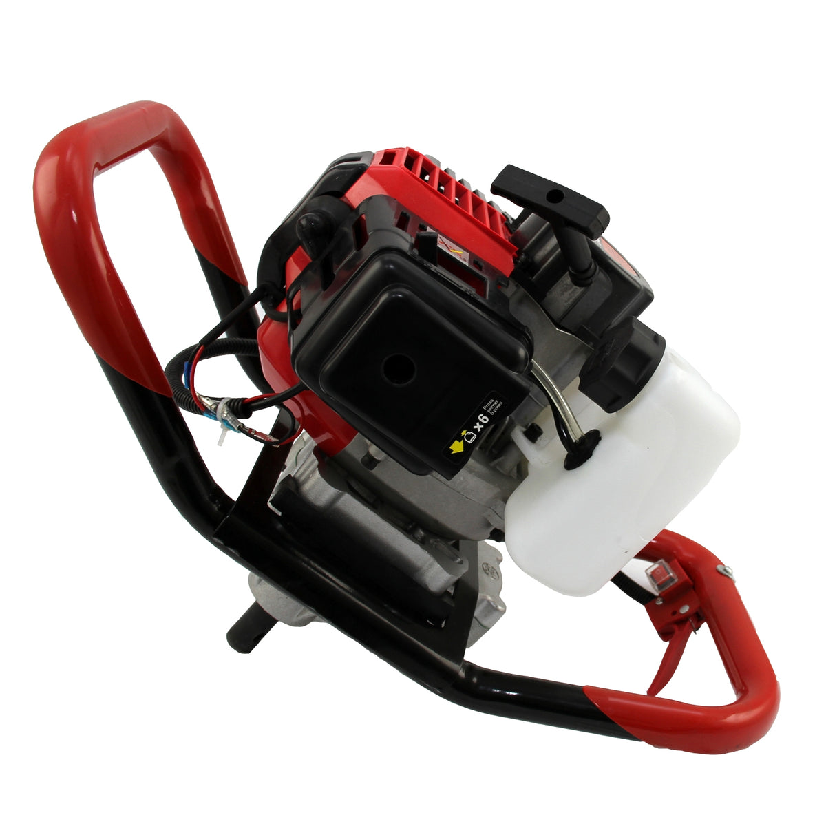 Trivella T-Mech per montaggio pali, motore a 4 tempi, struttura rossa e nera, design compatto e manico ergonomico per facilità d'uso