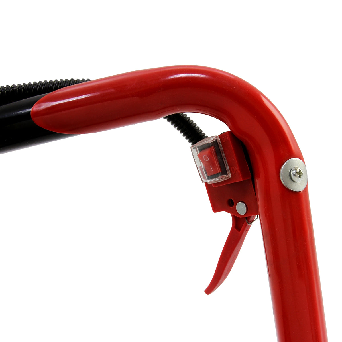 Trivella T-Mech per montaggio pali, manico rosso brillante, dettagli neri, design ergonomico e leva di attivazione visibile