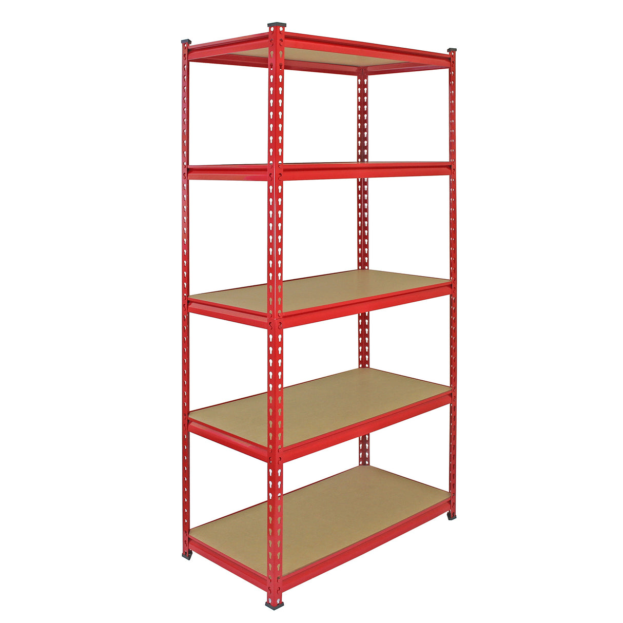 Scaffale Z-Rax in acciaio rosso senza bulloni, con cinque ripiani in legno, design robusto e moderno, ideale per stoccaggio e organizzazione