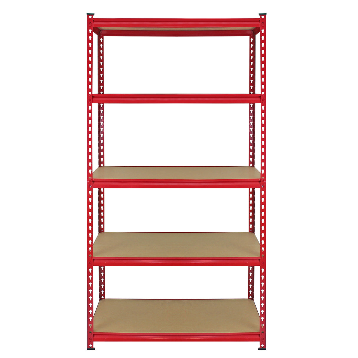 Scaffale Z-Rax in acciaio rosso senza bulloni, con cinque ripiani in legno chiaro, design robusto e moderno, ideale per ogni ambiente
