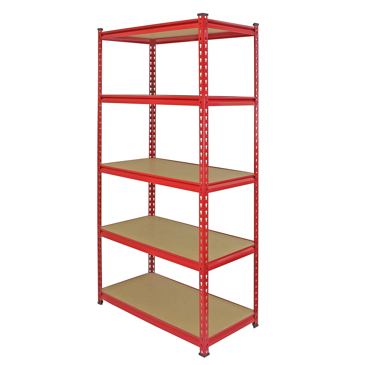 Scaffale Z-Rax in acciaio rosso senza bulloni, 90 cm di altezza, con cinque ripiani in legno, ideale per stoccaggio e organizzazione