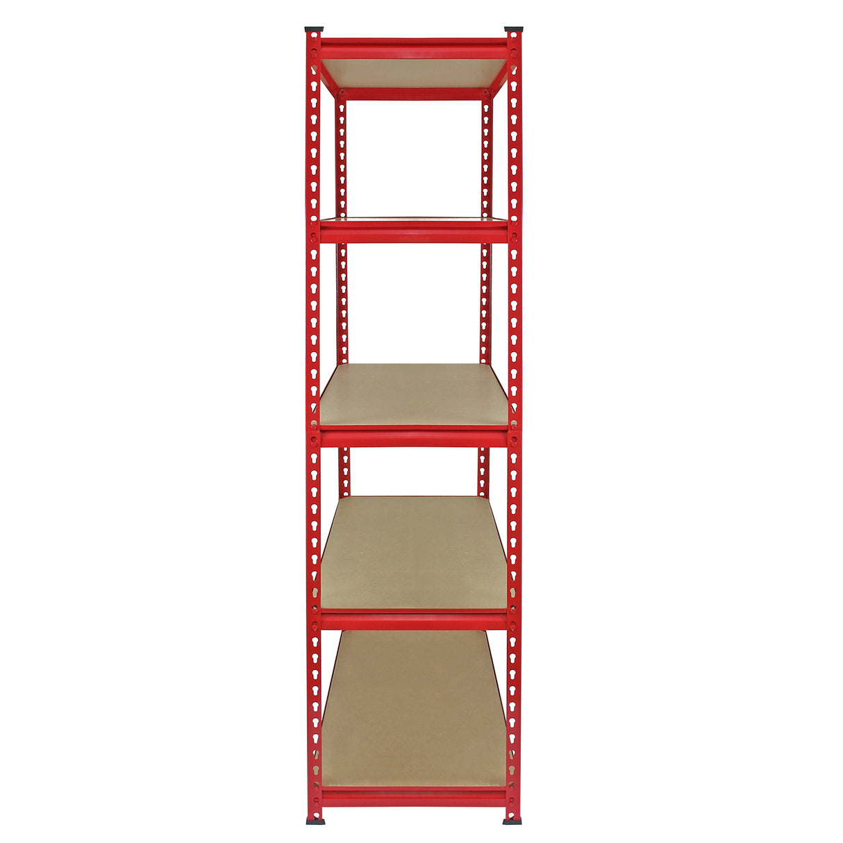 Scaffale Z-Rax in acciaio rosso senza bulloni, altezza 90 cm, con ripiani beige in MDF, design robusto e moderno per ogni ambiente