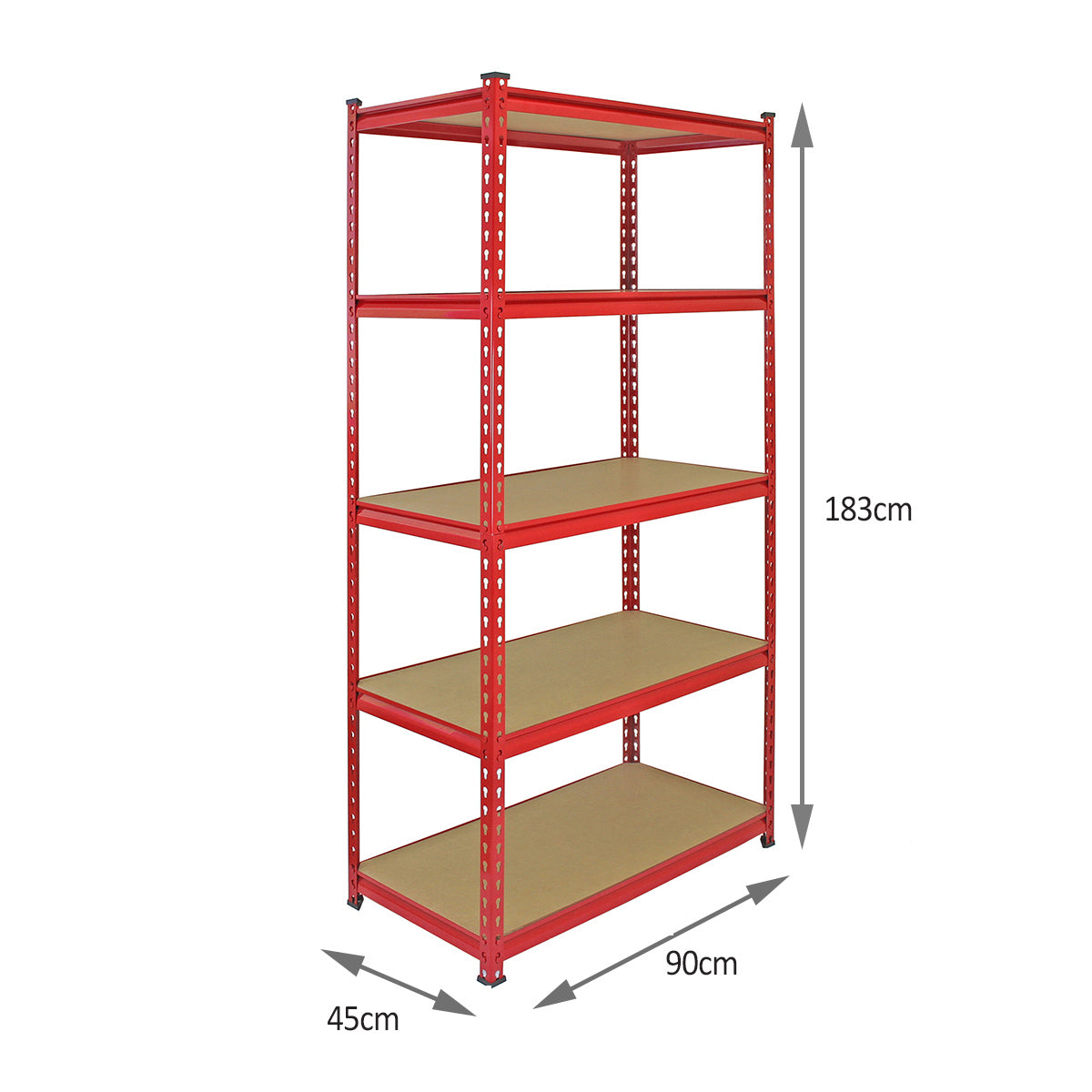 Scaffale Z-Rax in acciaio rosso senza bulloni, 90cm di larghezza, 183cm di altezza, con ripiani in MDF beige e struttura robusta