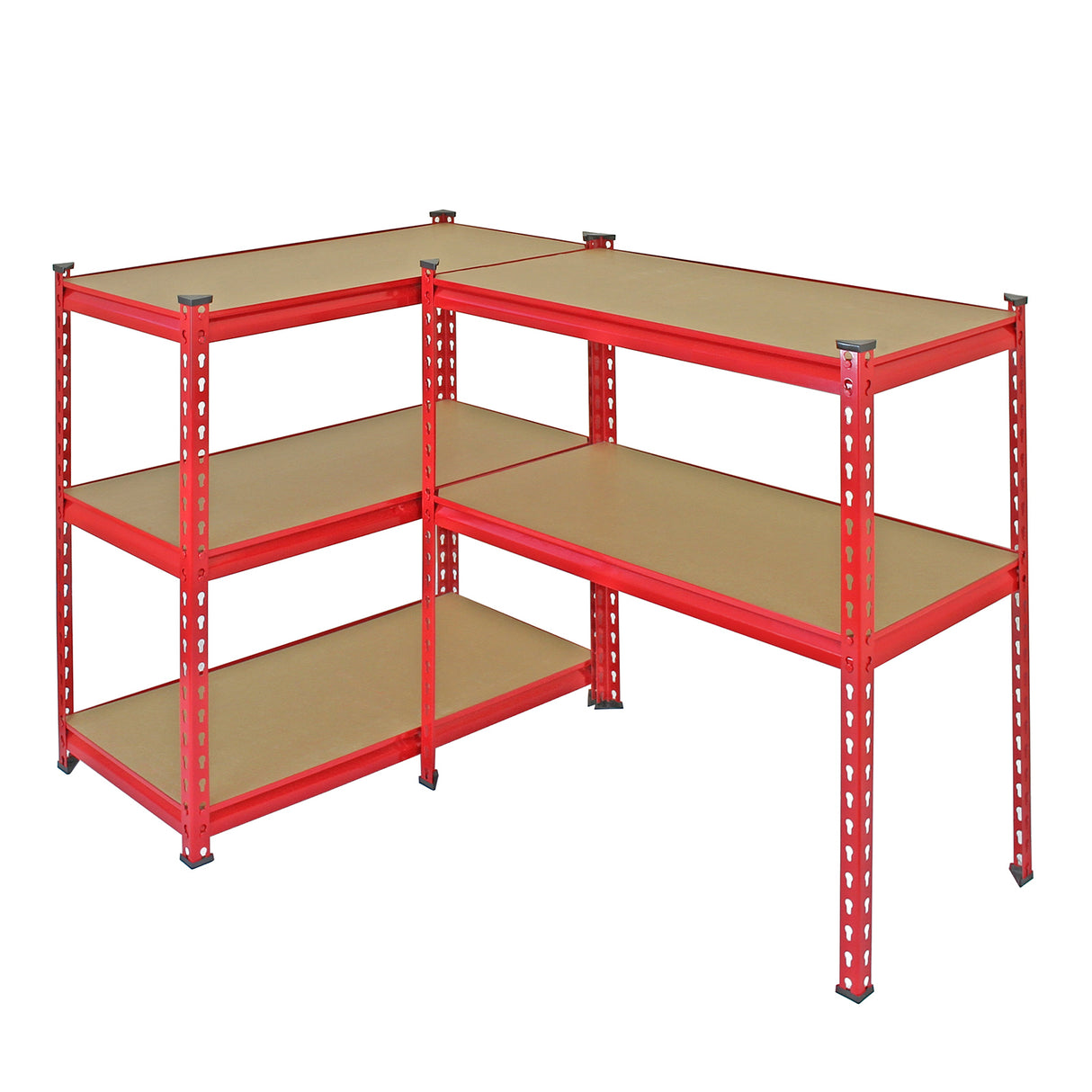 Scaffale Z-Rax in acciaio rosso senza bulloni, con ripiani in legno, design robusto e angoli smussati per una maggiore sicurezza