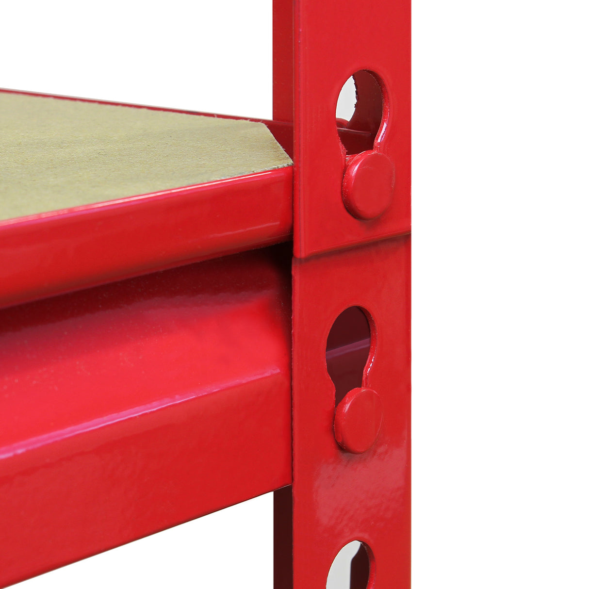 Scaffale ad angolo Z-Rax in acciaio rosso, senza bulloni, con ripiani in legno, design robusto e finitura liscia, altezza 90 cm