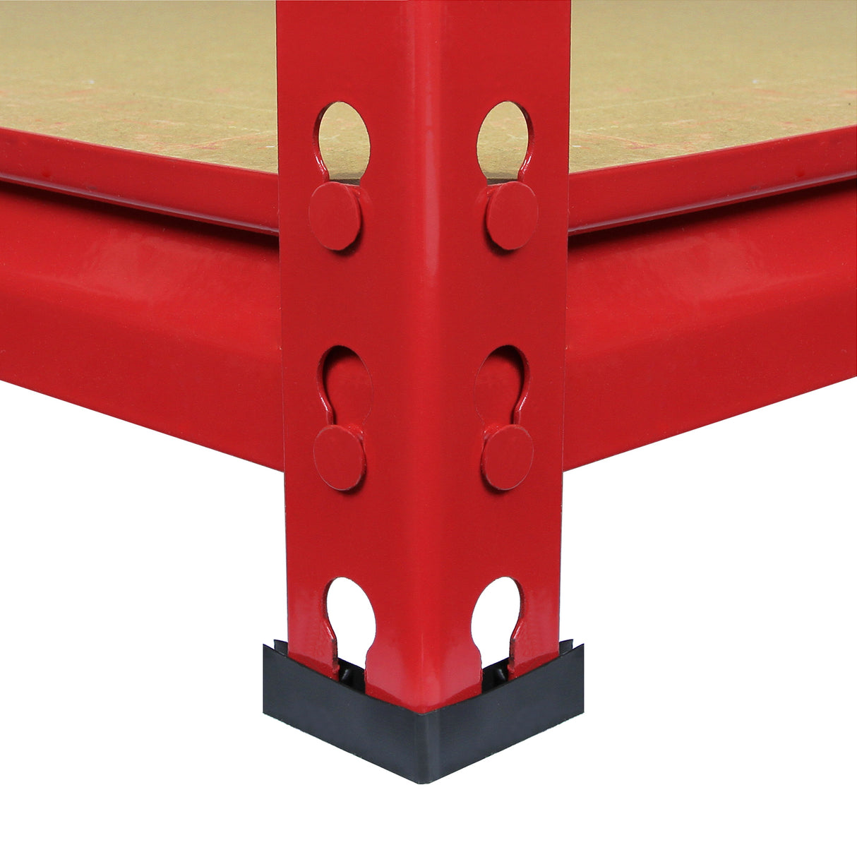 Scaffale ad angolo Z-Rax in acciaio rosso senza bulloni, con supporti rotondi e base nera, ideale per spazi ridotti e organizzazione