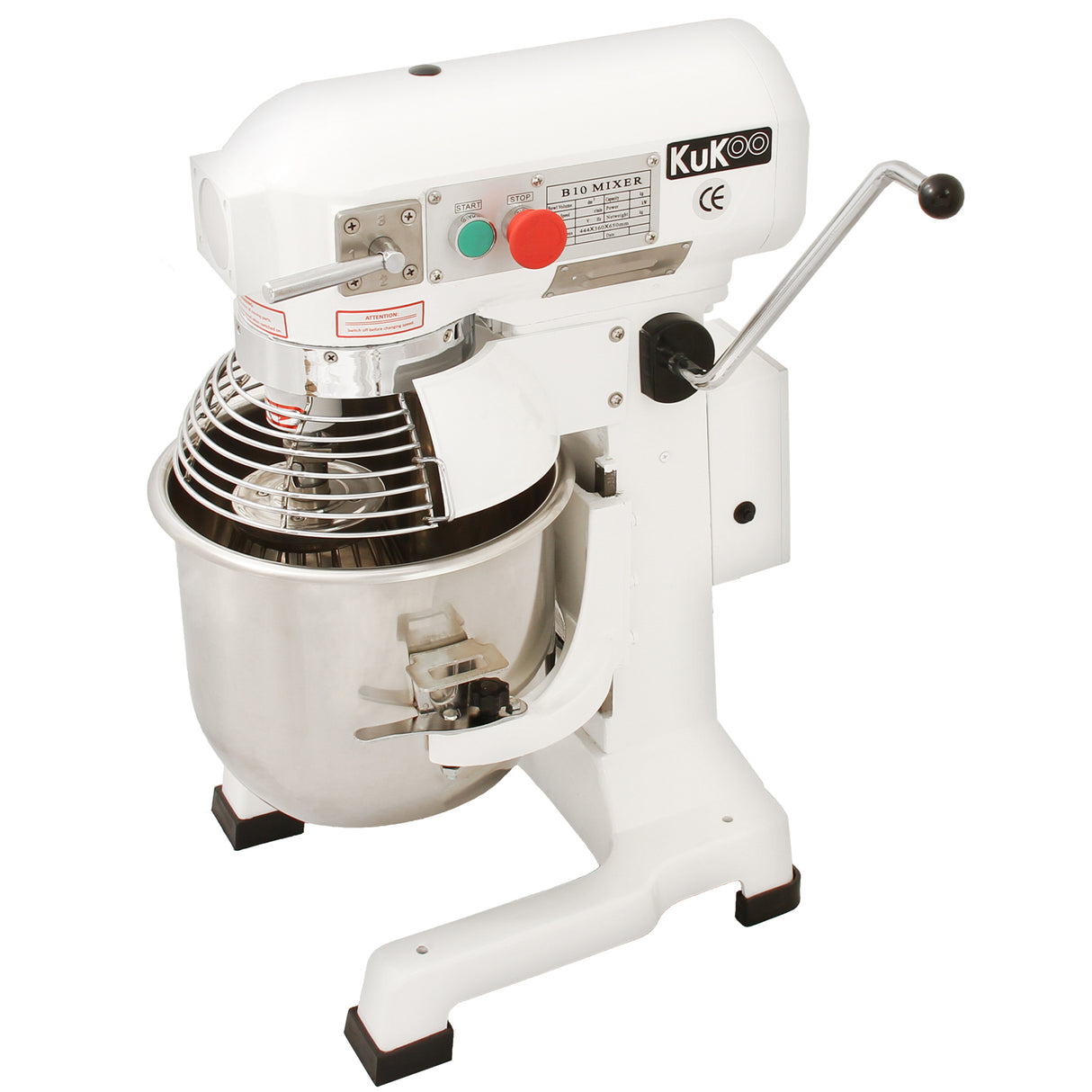 Robot multifunzione bianco con ciotola in acciaio inox, uncino a spirale, frusta e sbattitore, ideale per impasti e preparazioni culinarie