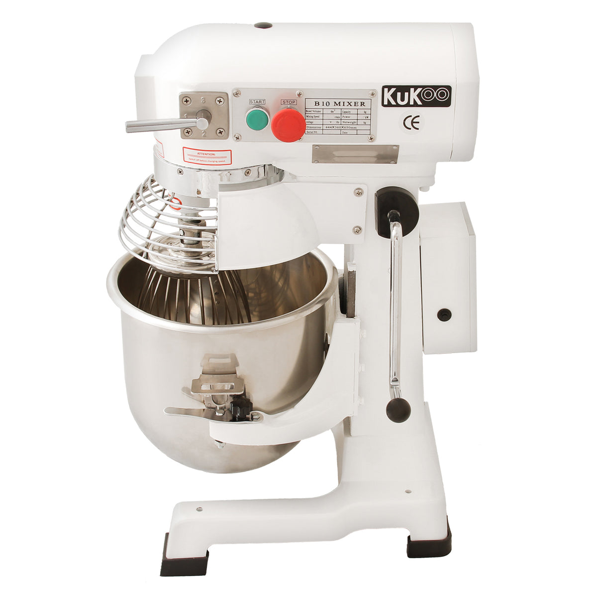 Robot multifunzione bianco da 10 litri con ciotola in acciaio inox, uncino a spirale, frusta e sbattitore per impasti versatili