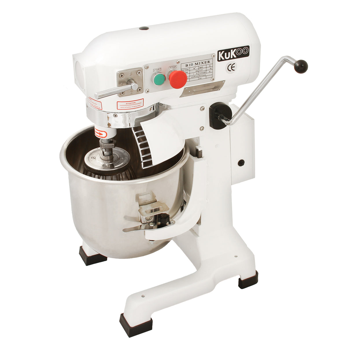Robot multifunzione bianco da 10 litri con uncino a spirale, frusta e sbattitore, dotato di ciotola in acciaio inox lucido