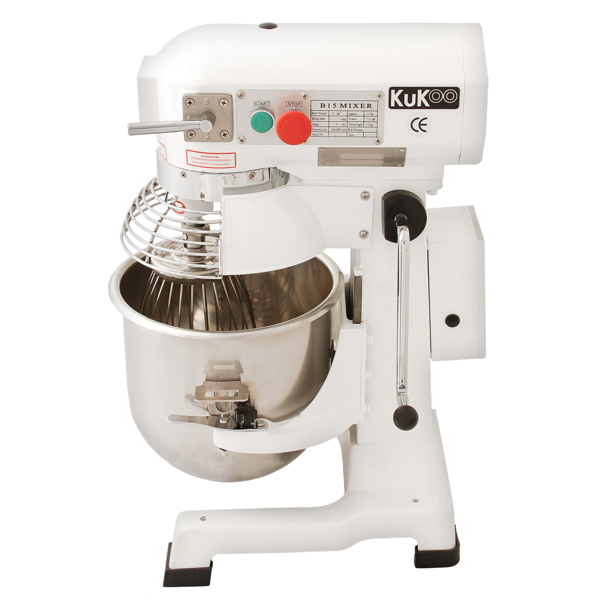Robot multifunzione bianco da 15 litri con ciotola in acciaio inox, uncino a spirale, frusta e sbattitore per impasti versatili