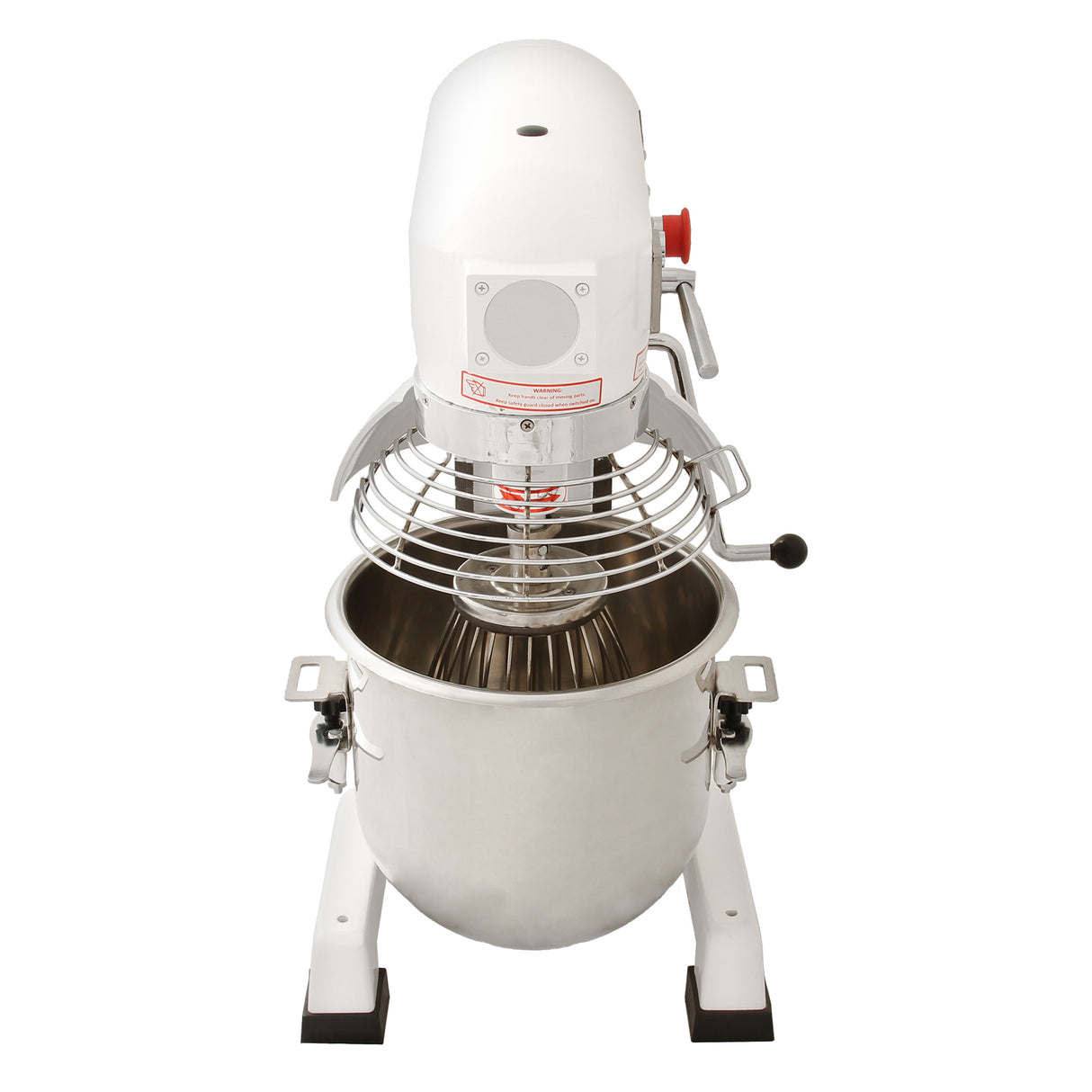 Robot multifunzione bianco da 15 litri con uncino a spirale, frusta e sbattitore, dotato di ciotola in acciaio inox lucido