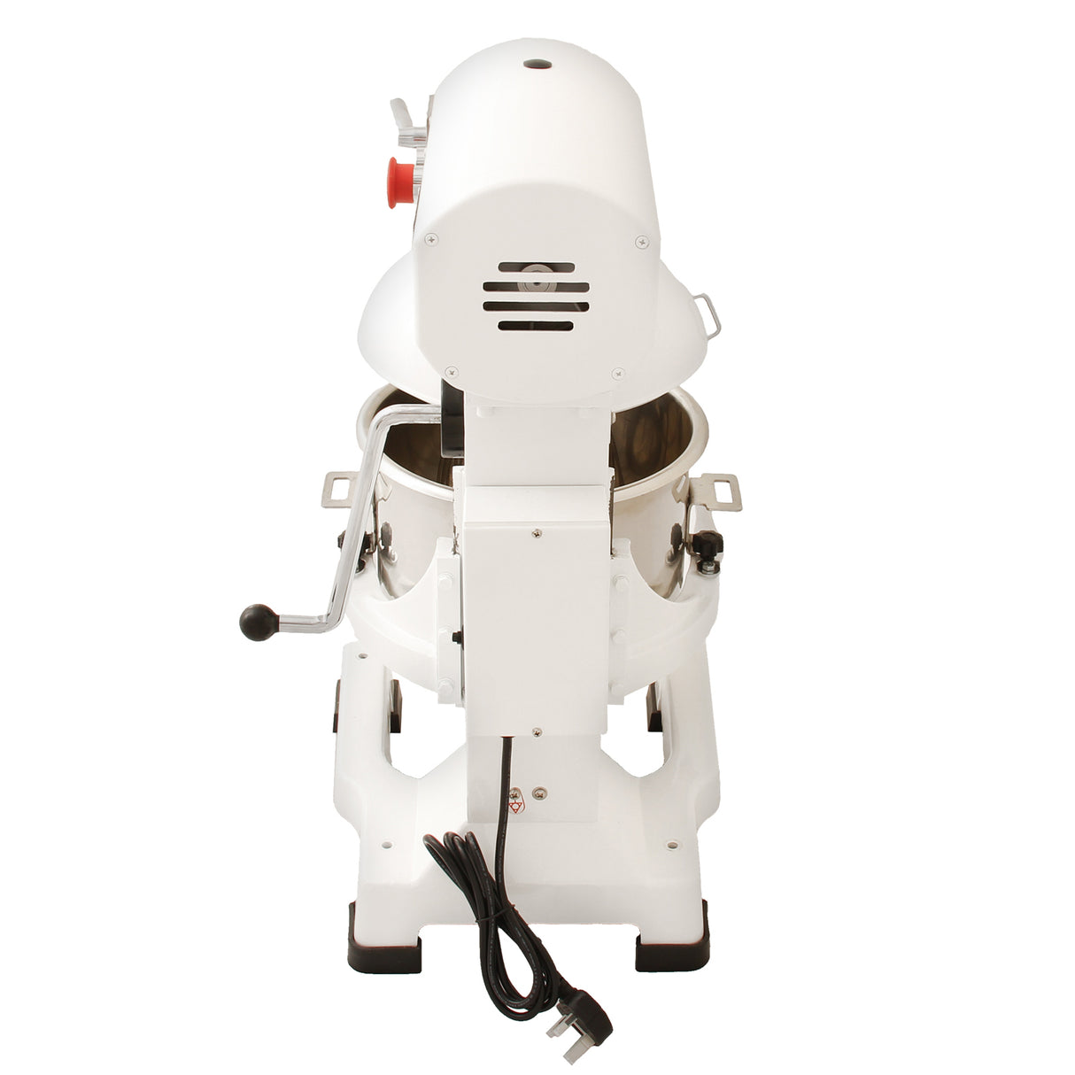 Robot multifunzione bianco da 15 litri con uncino a spirale, frusta e sbattitore, dotato di manopola rossa e cavo elettrico