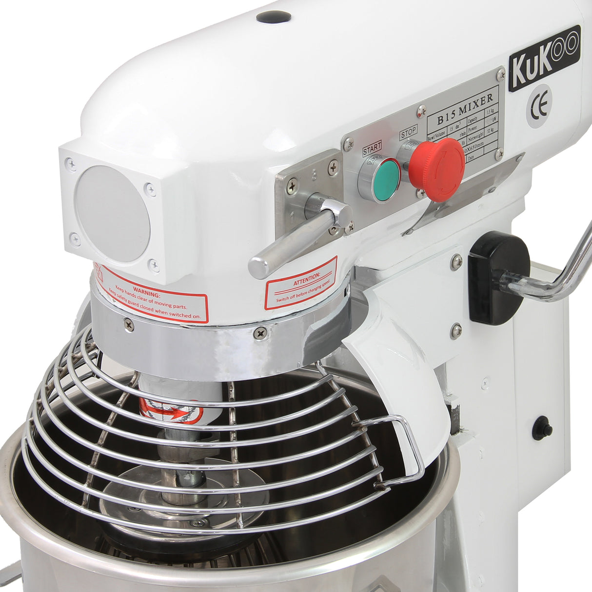 Robot multifunzione bianco con ciotola in acciaio inox, uncino a spirale, frusta e sbattitore, ideale per impasti e preparazioni culinarie