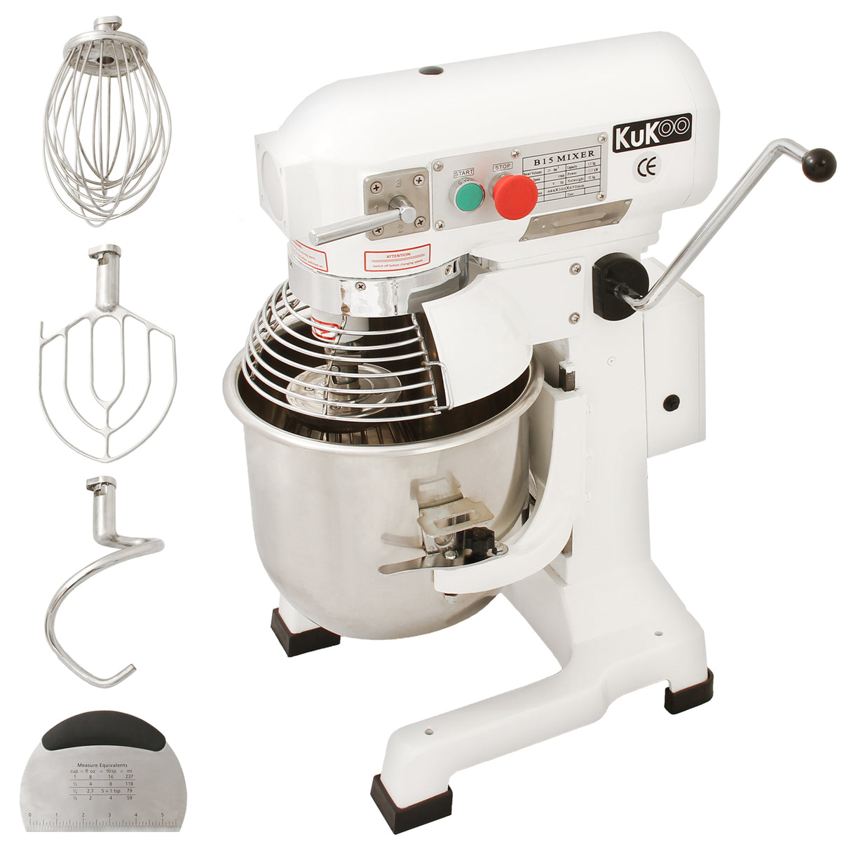 Robot multifunzione bianco da 15 litri con uncino a spirale, frusta e sbattitore, dotato di ciotola in acciaio inox lucido