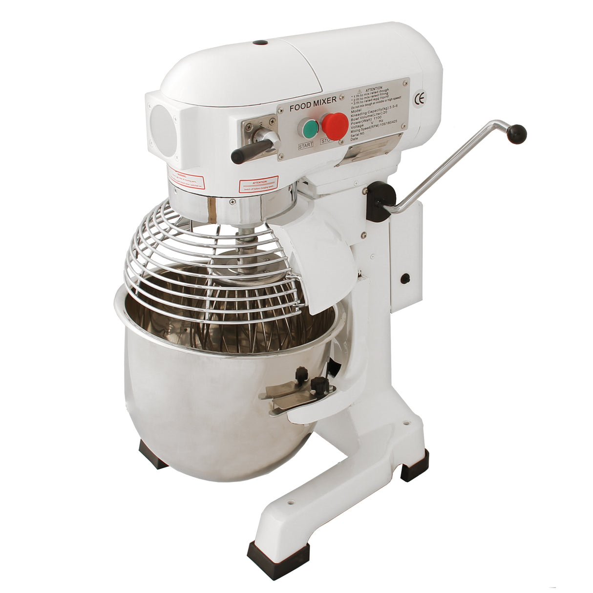 Robot multifunzione bianco con ciotola in acciaio inox, uncino a spirale, frusta e sbattitore, ideale per impasti e miscelazioni