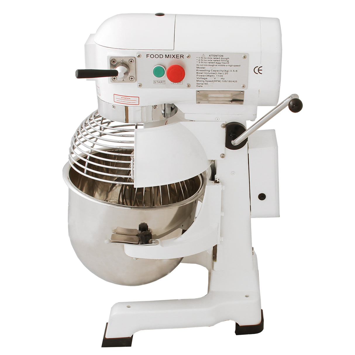 Robot multifunzione bianco con ciotola in acciaio inox, uncino a spirale, frusta e sbattitore, ideale per impasti e miscelazione