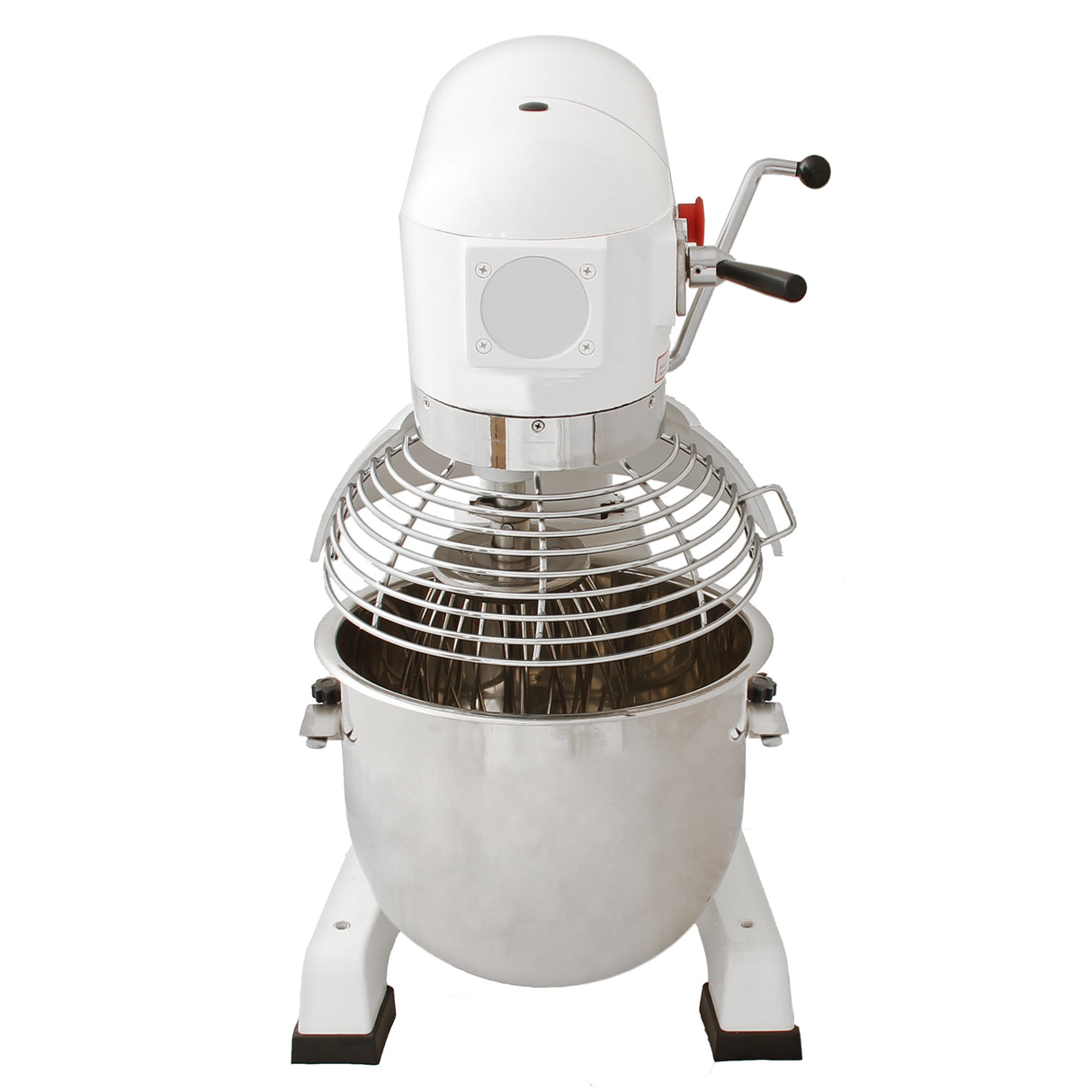 Robot multifunzione bianco con uncino a spirale, frusta e sbattitore, dotato di ciotola in acciaio inox e base stabile nera