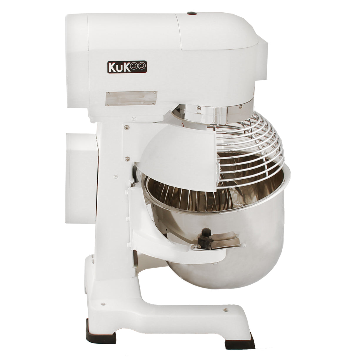 Robot multifunzione bianco da 20 litri con ciotola in acciaio inox, uncino a spirale, frusta e sbattitore, design moderno e funzionale