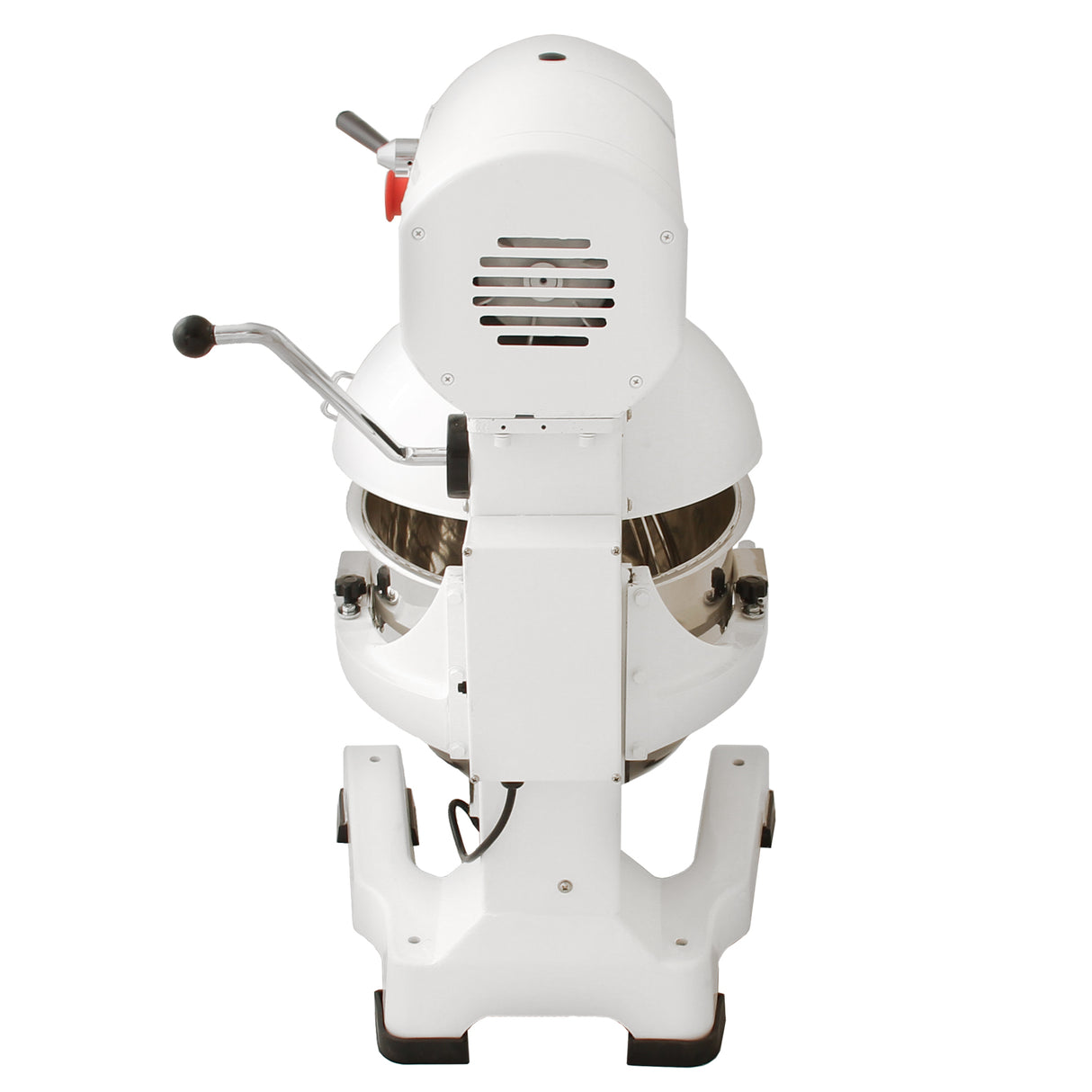 Robot multifunzione bianco da 20 litri con uncino a spirale, frusta e sbattitore, design robusto e manopole ergonomiche per un uso facile