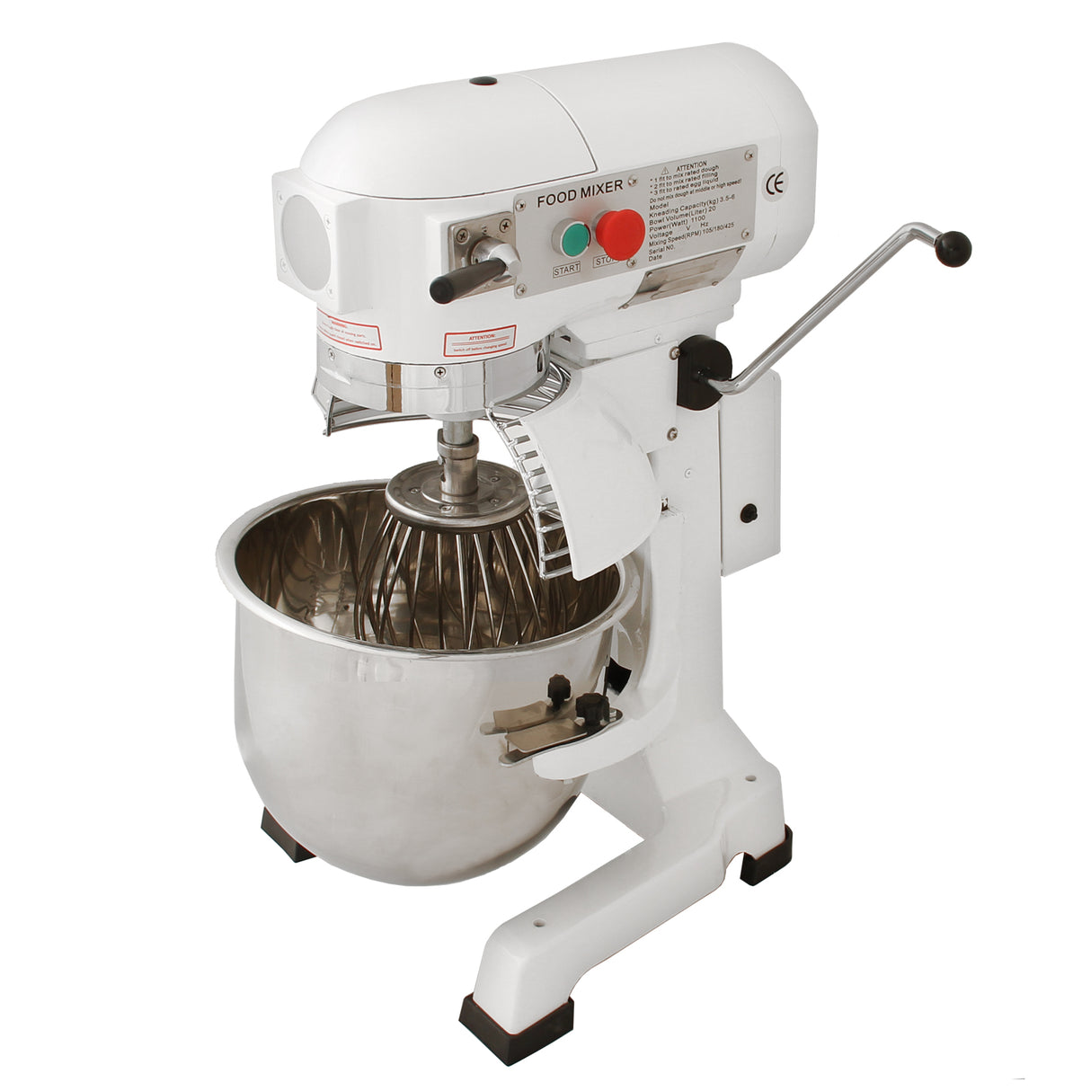 Robot multifunzione bianco da 20 litri con uncino a spirale, frusta e sbattitore, dotato di ciotola in acciaio lucido e manopole colorate