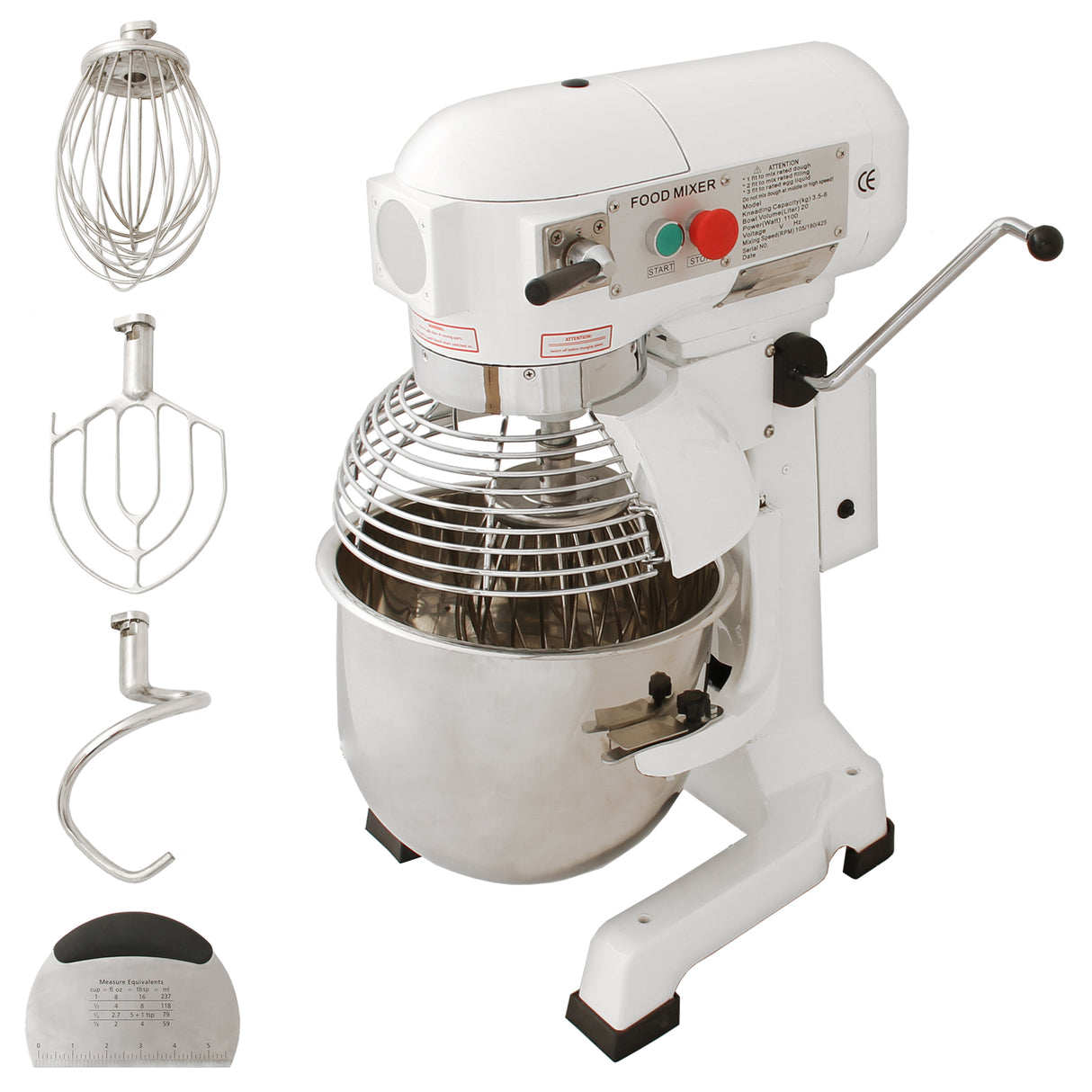 Robot multifunzione bianco da 20 litri con ciotola in acciaio inox, uncino a spirale, frusta e sbattitore in metallo lucido