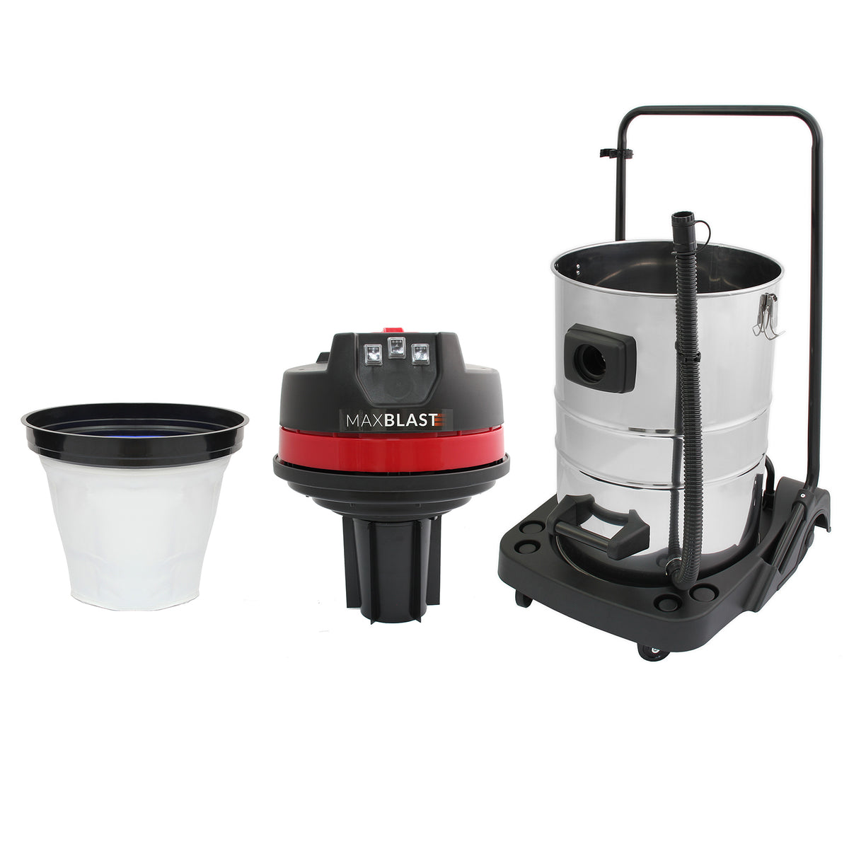 Aspirapolvere MaxBlast con serbatoio metallico lucido, contenitore bianco e base nera, progettato per una pulizia efficace e duratura