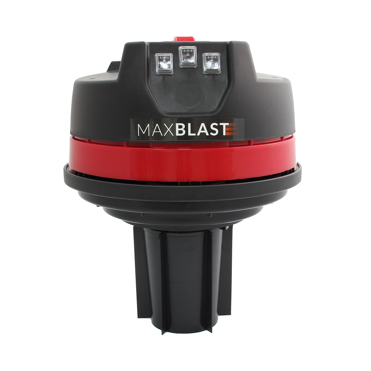 Ventilatore MaxBlast con design compatto, colore nero e rosso, superficie liscia e lucida, dotato di luci LED e griglia di ventilazione