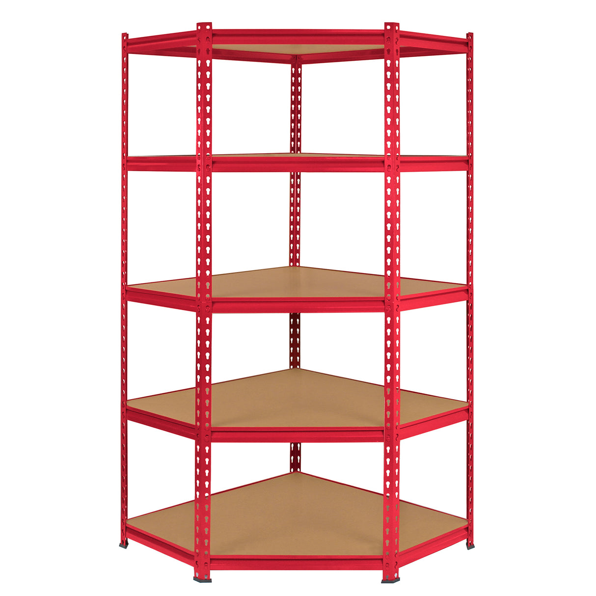 Scaffale ad angolo Z-Rax in acciaio rosso senza bulloni, con sei ripiani in legno, design robusto e moderno, ideale per spazi ridotti