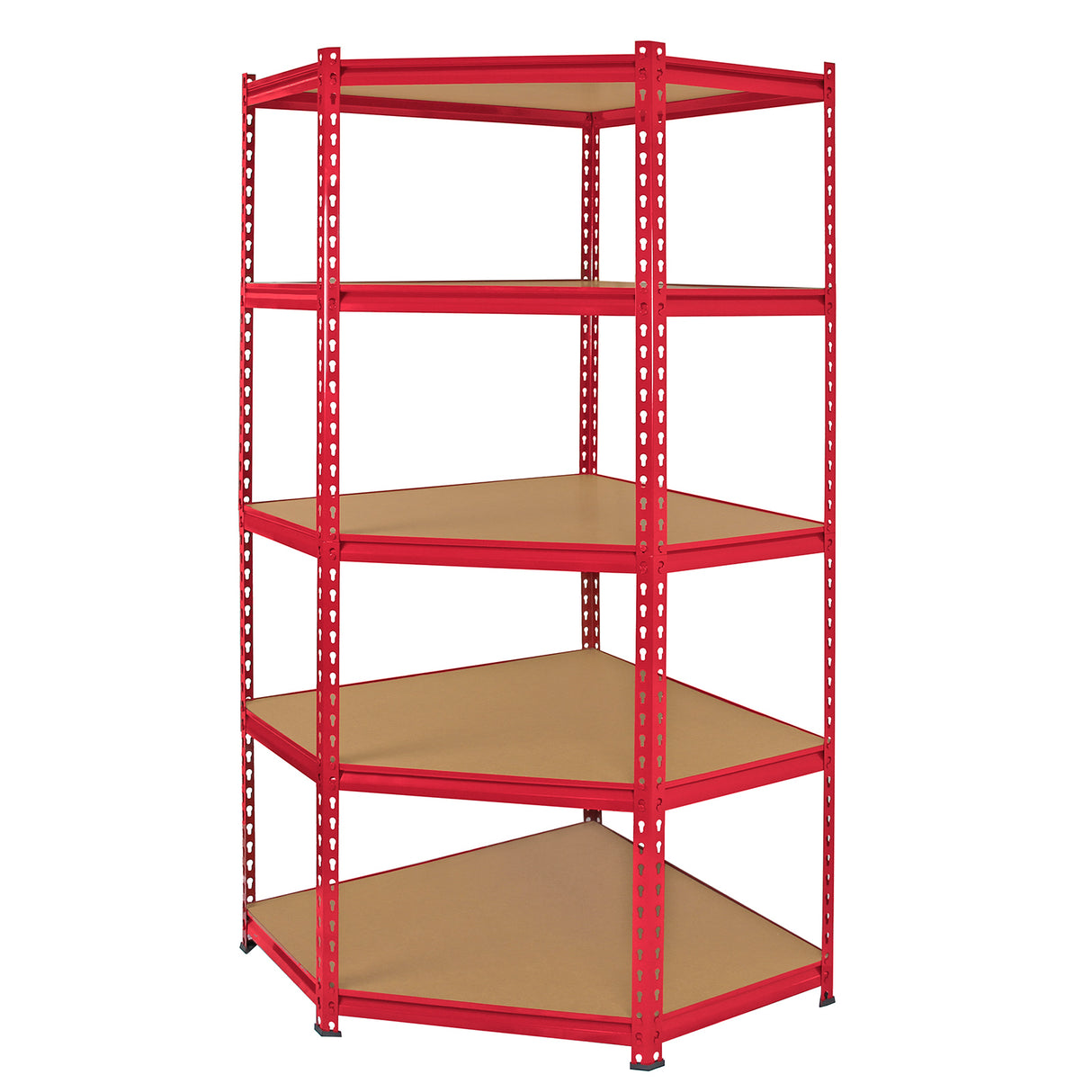 Scaffale ad angolo Z-Rax in acciaio rosso, senza bulloni, con cinque ripiani in legno, design moderno e funzionale per spazi ridotti