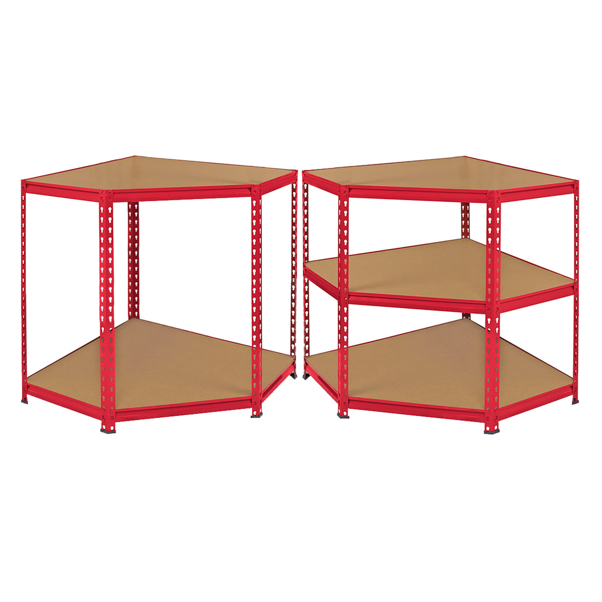Scaffale ad angolo Z-Rax in acciaio rosso, senza bulloni, con ripiani in legno, design robusto e moderno, ideale per spazi ridotti