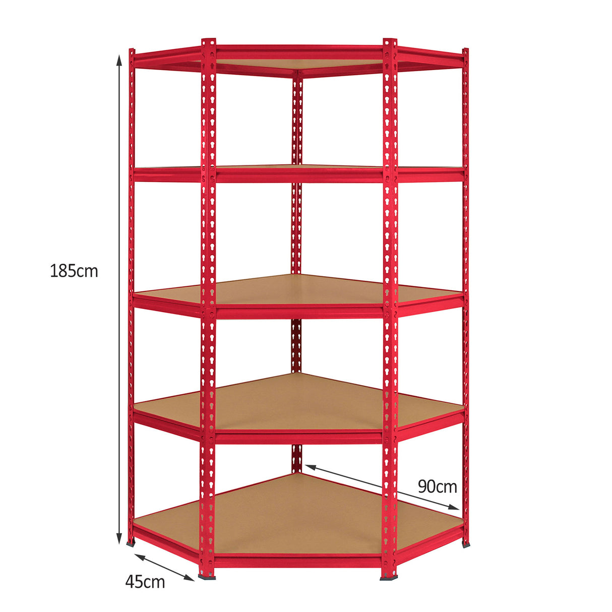 Scaffale ad angolo Z-Rax in acciaio rosso, senza bulloni, con ripiani in MDF, dimensioni 90x45x185 cm, design moderno e funzionale