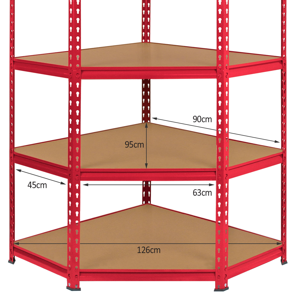 Scaffale ad angolo Z-Rax in acciaio rosso senza bulloni, con ripiani triangolari in legno, dimensioni 90cm x 126cm x 63cm
