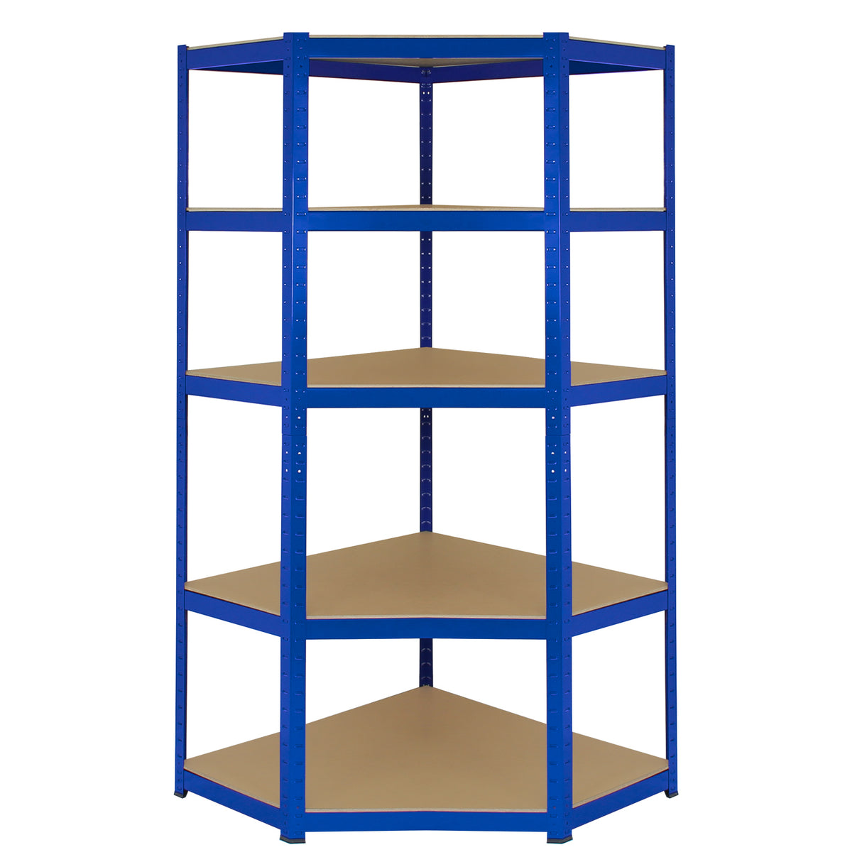 Scaffale ad angolo T-Rax in acciaio blu, senza bulloni, con ripiani beige, design robusto e moderno, altezza 90 cm