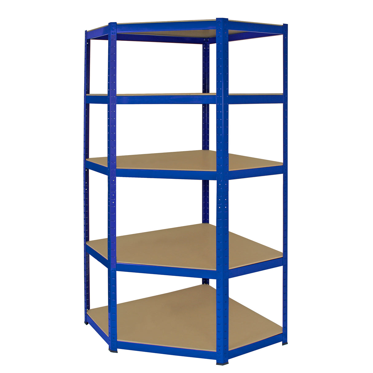 Scaffale ad angolo T-Rax in acciaio blu, senza bulloni, con quattro ripiani in legno chiaro, design moderno e funzionale di 90 cm