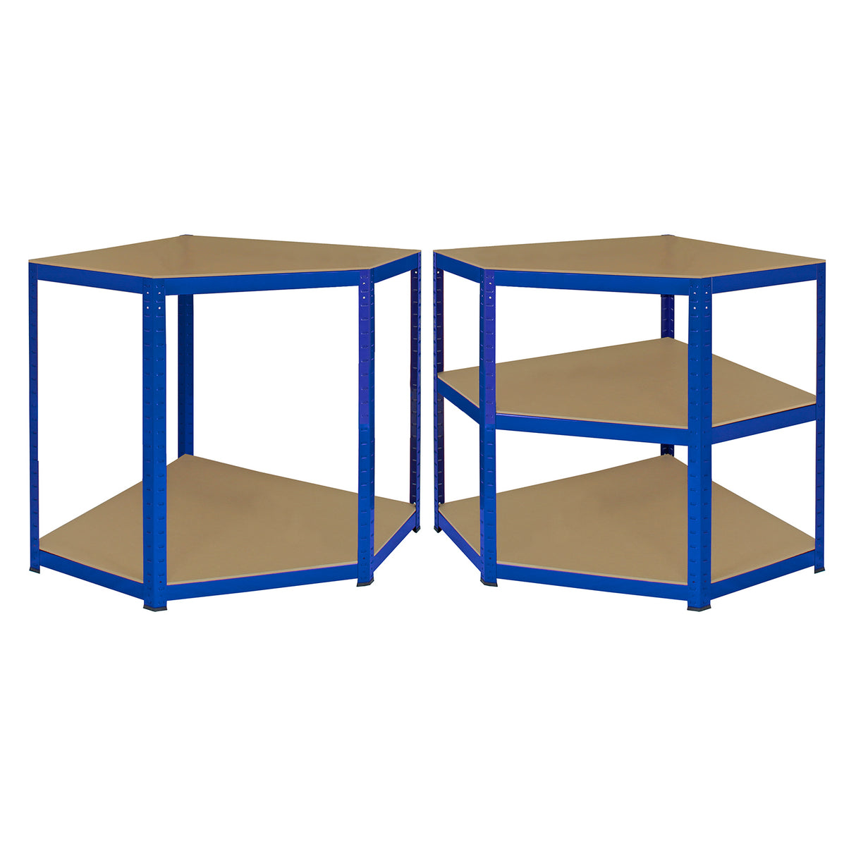 Scaffale ad angolo T-Rax in acciaio blu, senza bulloni, con ripiani in legno, design robusto e funzionale, dimensioni 90cm