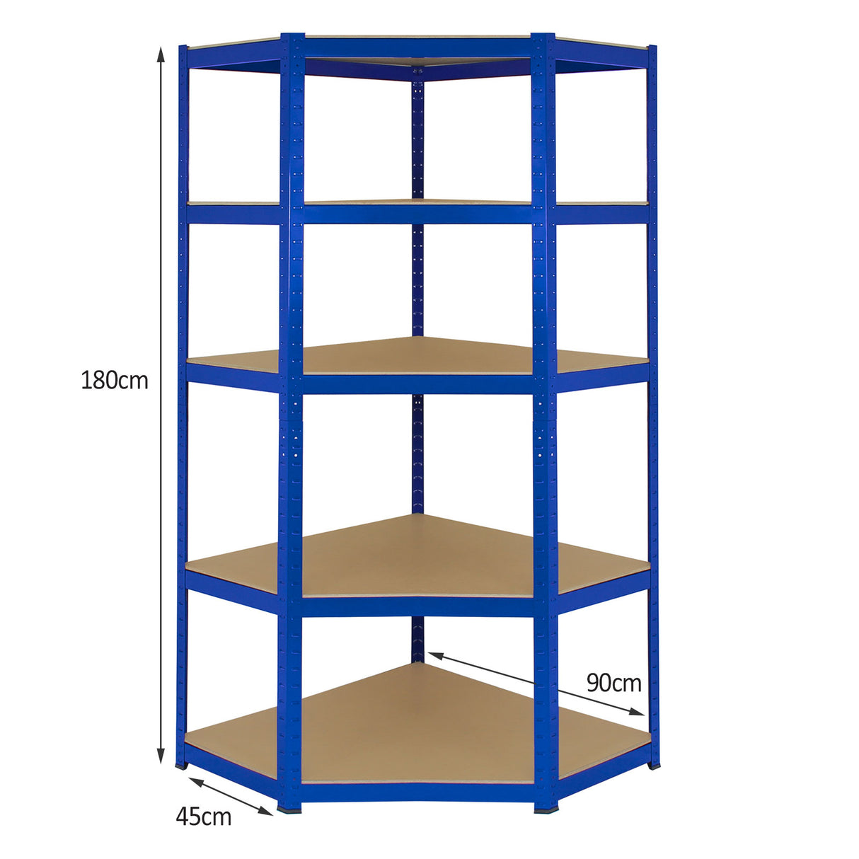Scaffale ad angolo T-Rax in acciaio blu, senza bulloni, con ripiani in legno, dimensioni 90x45x180 cm, design moderno e funzionale
