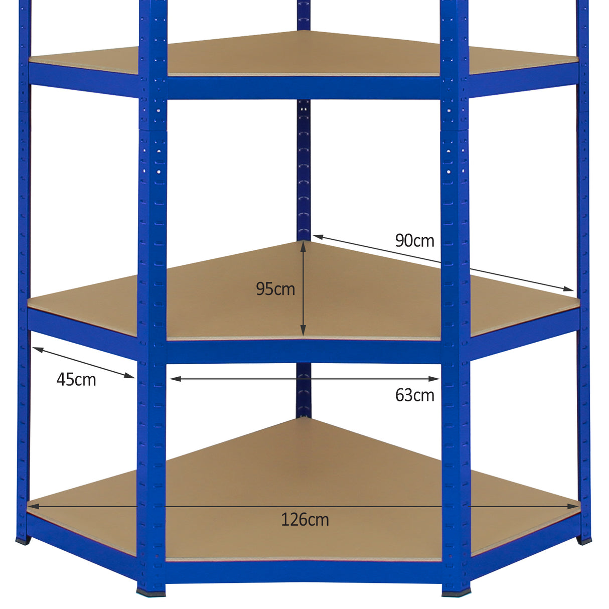 Scaffale ad angolo T-Rax in acciaio blu, senza bulloni, con ripiani triangolari di 90 cm, 95 cm e 126 cm di lunghezza