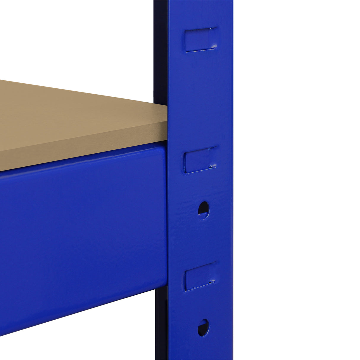 Scaffale ad angolo T-Rax in acciaio blu, senza bulloni, con ripiano in legno chiaro, design robusto e moderno, altezza 90 cm